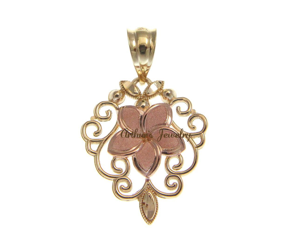 14K PINK ROSE GOLD HAWAIIAN PLUMERIA FLOWER YELLOW GOLD FILIGREE PENDANT
