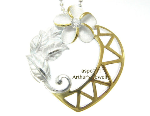 SILVER 925 HAWAIIAN PLUMERIA MAILE LEAF LEAVES HEART PENDANT YELLOW GOLD PLATED