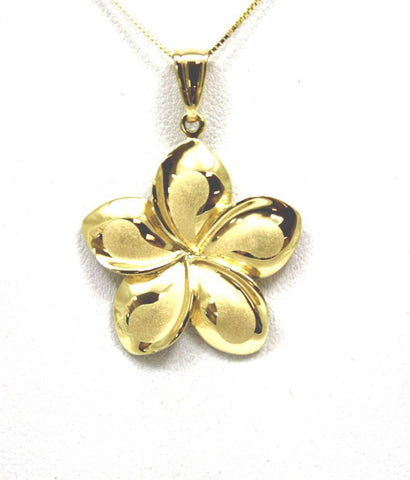 BIG! 34MM SOLID 14K YELLOW GOLD HAWAIIAN FANCY PLUMERIA FLOWER PENDANT