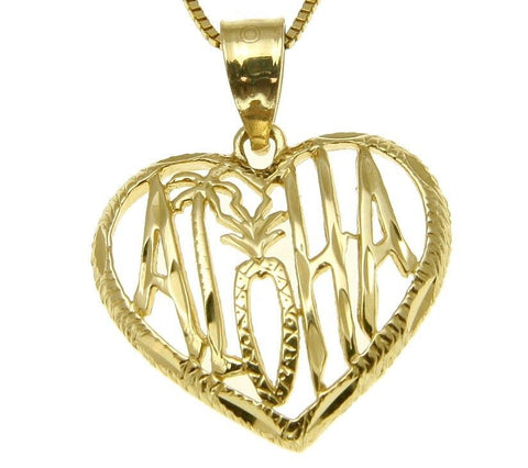 SOLID 14K YELLOW GOLD HAWAIIAN ALOHA PALM TREE PINEAPPLE HEART PENDANT 16.30MM