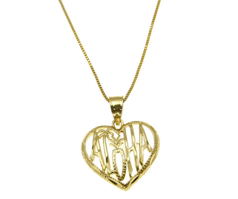 SOLID 14K YELLOW GOLD HAWAIIAN ALOHA PALM TREE PINEAPPLE HEART PENDANT 16.30MM
